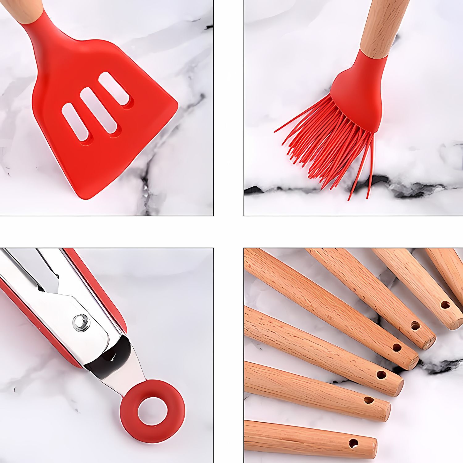 Set De Utensilios De Silicona Y Madera Para Cocina Rojo image number 1.0