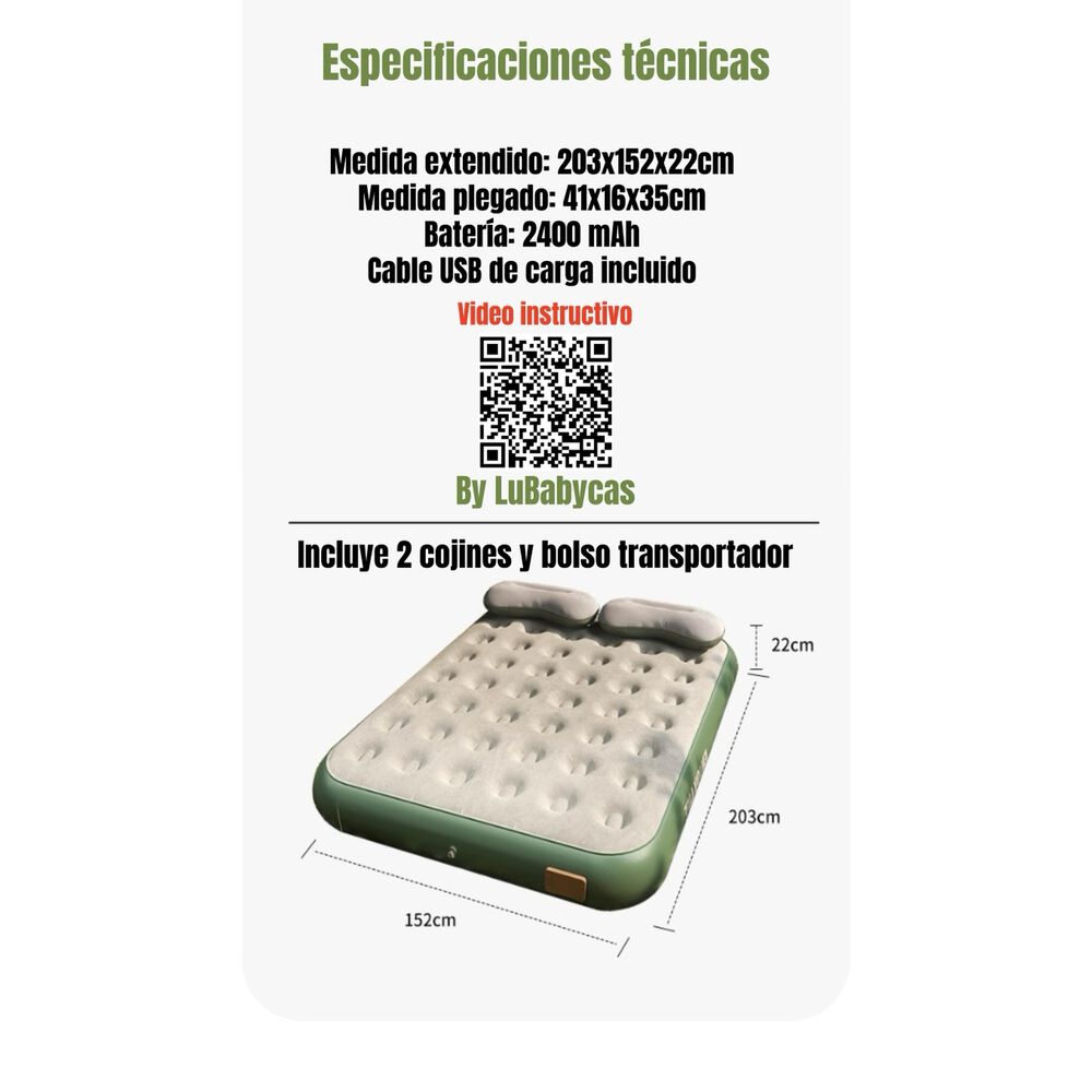 Colch&oacute;n Cama Inflable El&eacute;ctrico Con Coj&iacute;n Bolso 2 Plazas image number 7.0