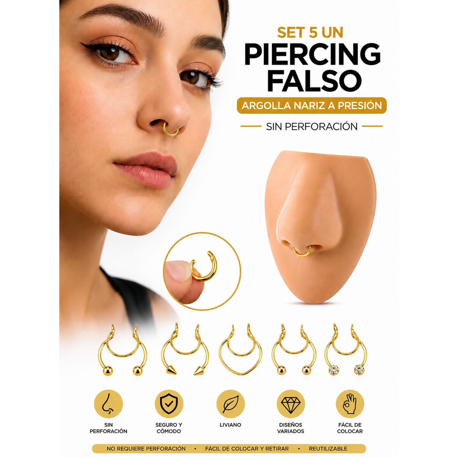 Set 5un Piercing Falso Argolla Nariz A Presi&oacute;n Sin Perforaci&oacute;n! image number 7.0