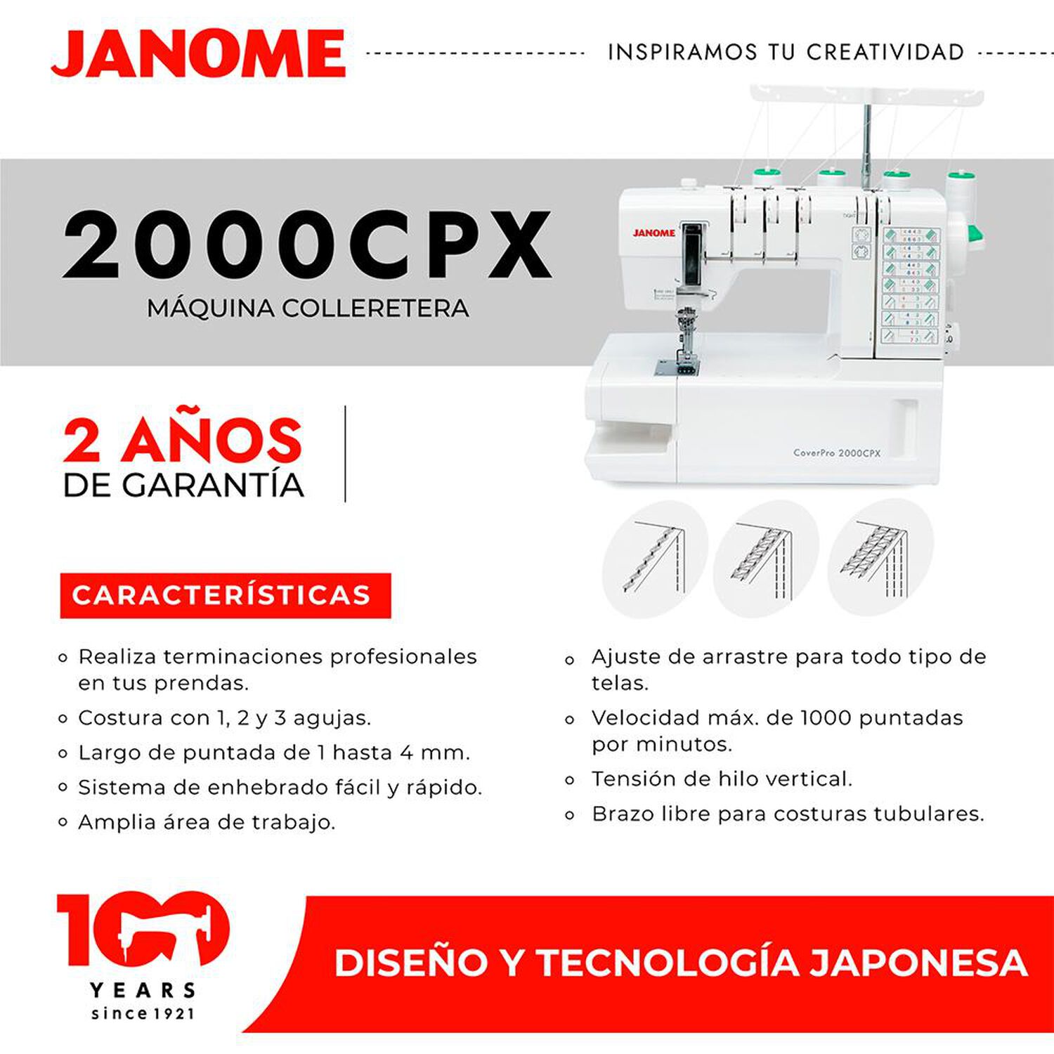 Combo Janome M&aacute;quina Colleretera 2000CPX + M&aacute;quina Overlock 8002D image number 3.0