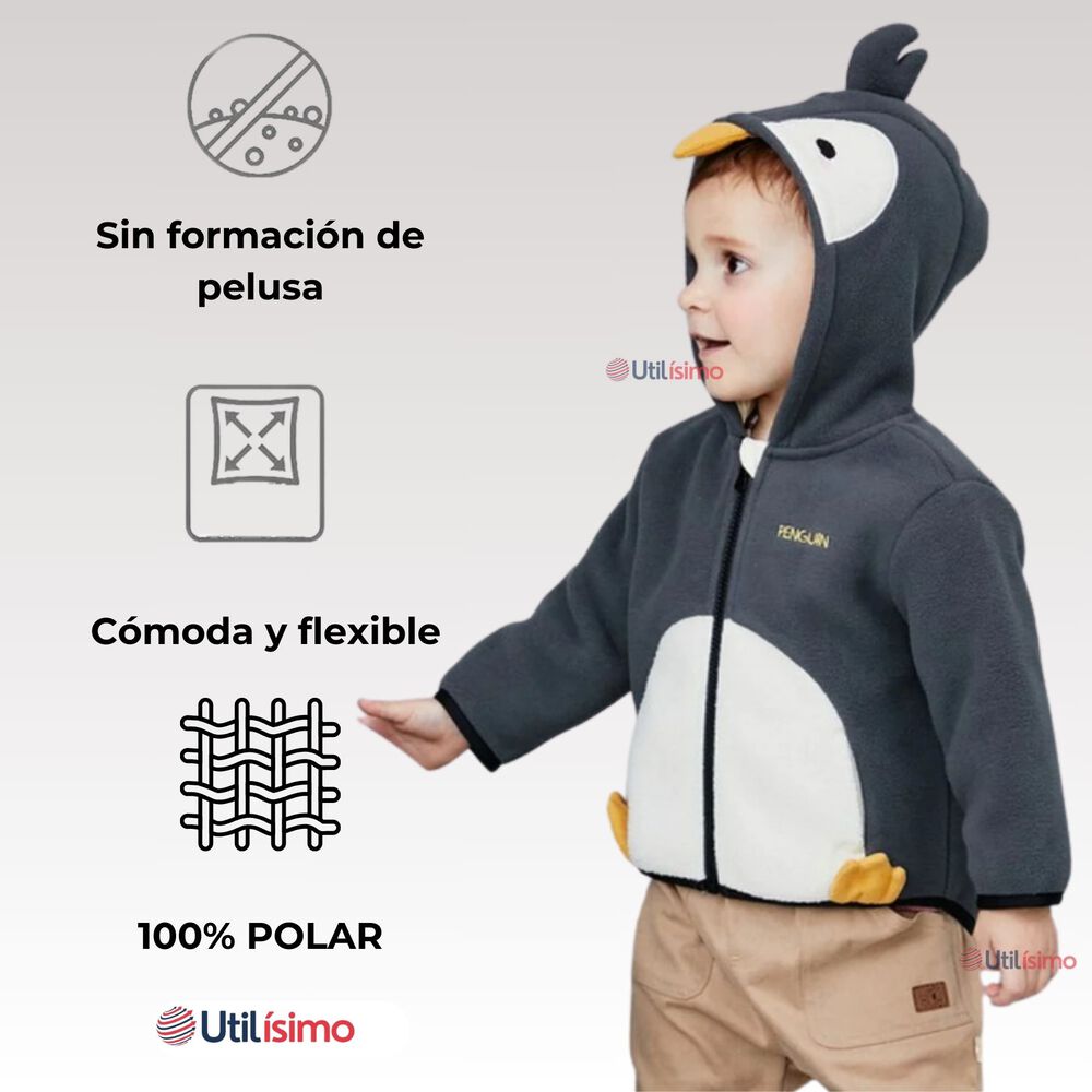 Chaqueta Polar Manga Larga Con Capucha Ni&ntilde;o Negro Pinguino image number 3.0