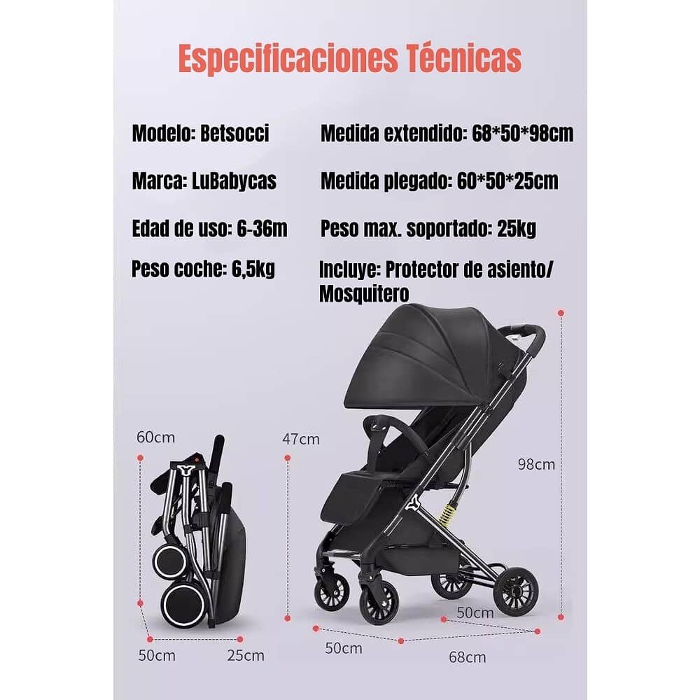 Coche De Paseo Compacto Con Accesorios Lubabycas Black image number 4.0