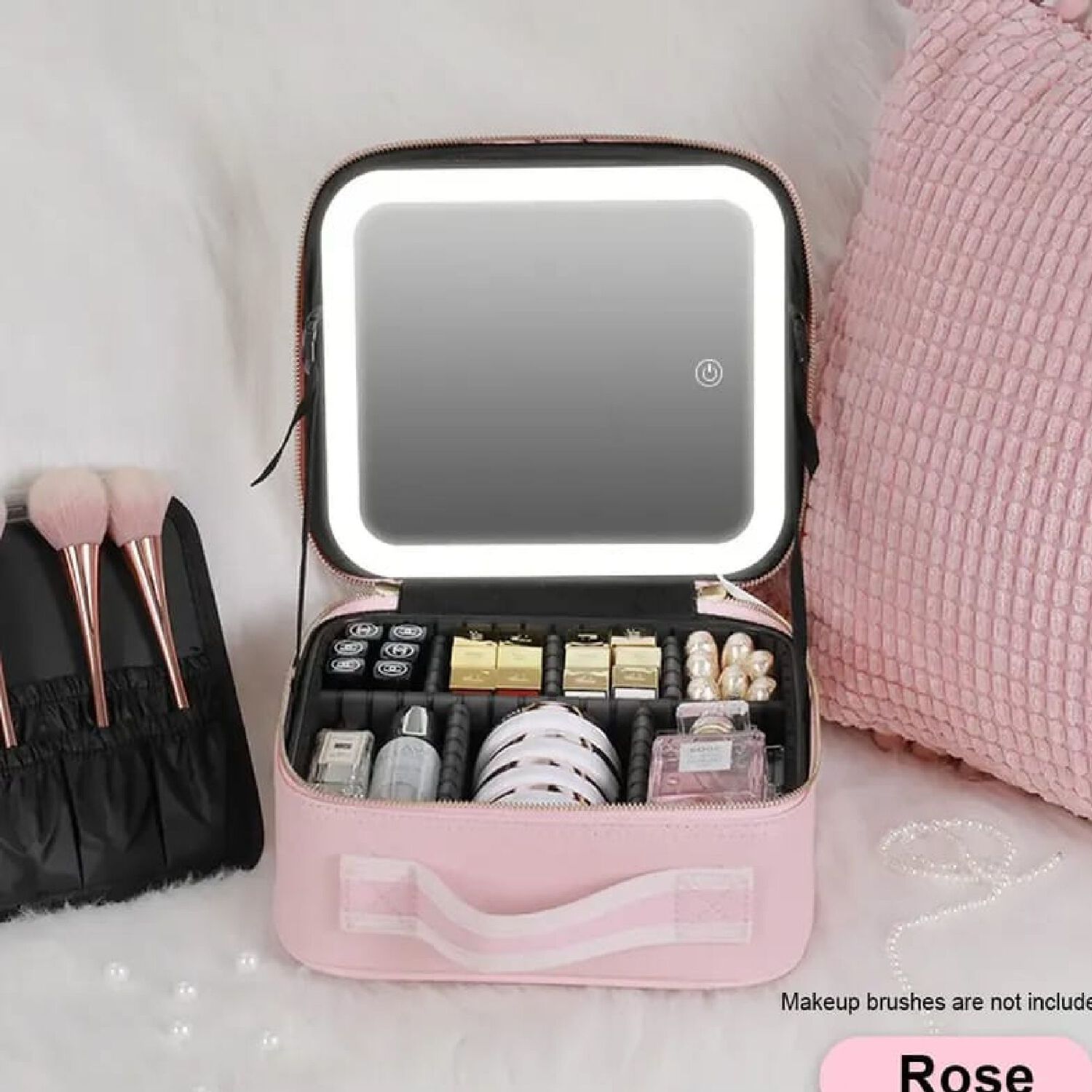 Cosmetiquero Organizador Port&aacute;til Con Espejo Luz Led Color Rosado. image number 0.0