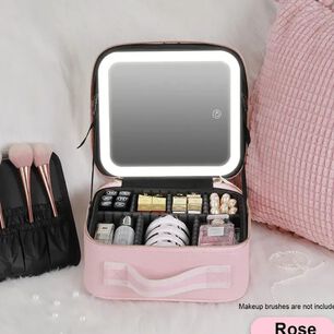 Cosmetiquero Organizador Port&aacute;til Con Espejo Luz Led Color Rosado.