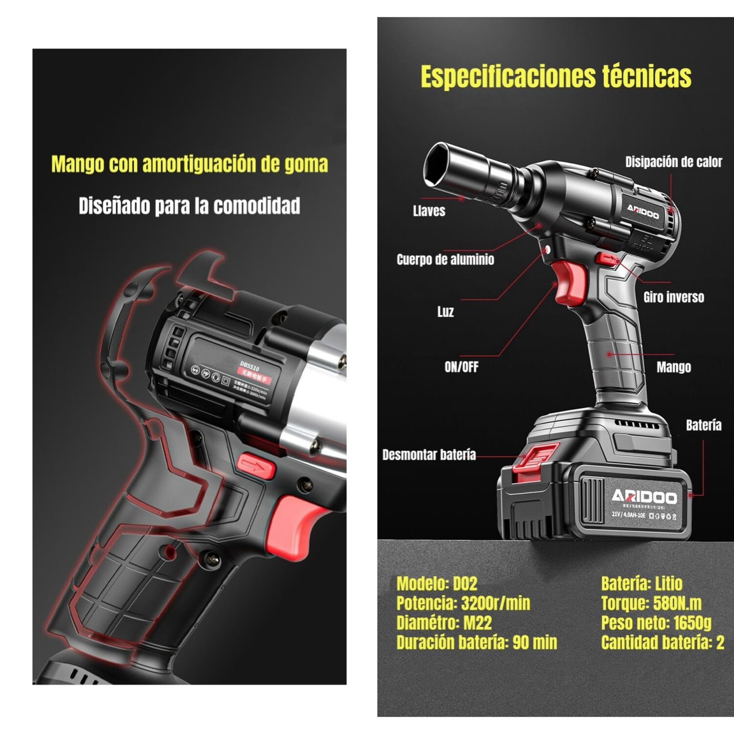 Kit Llave Impacto Inal&aacute;mbrica Taladro Pistola 2 Bater&iacute;as D02 image number 11.0