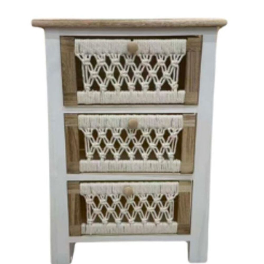 Mesa De Noche Cómoda Auxiliar De Estilo Boho 3 Cajones Macramé image number 0.0