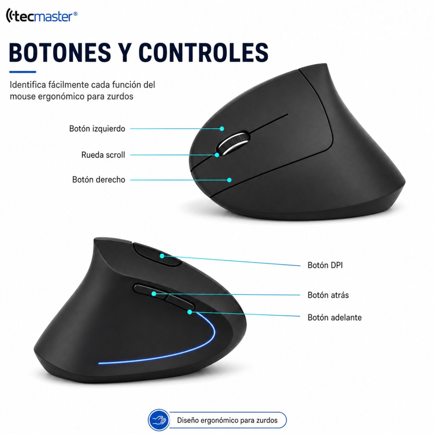 Mouse Ergon&oacute;mico Vertical Inal&aacute;mbrico Para Zurdos Iluminado image number 4.0