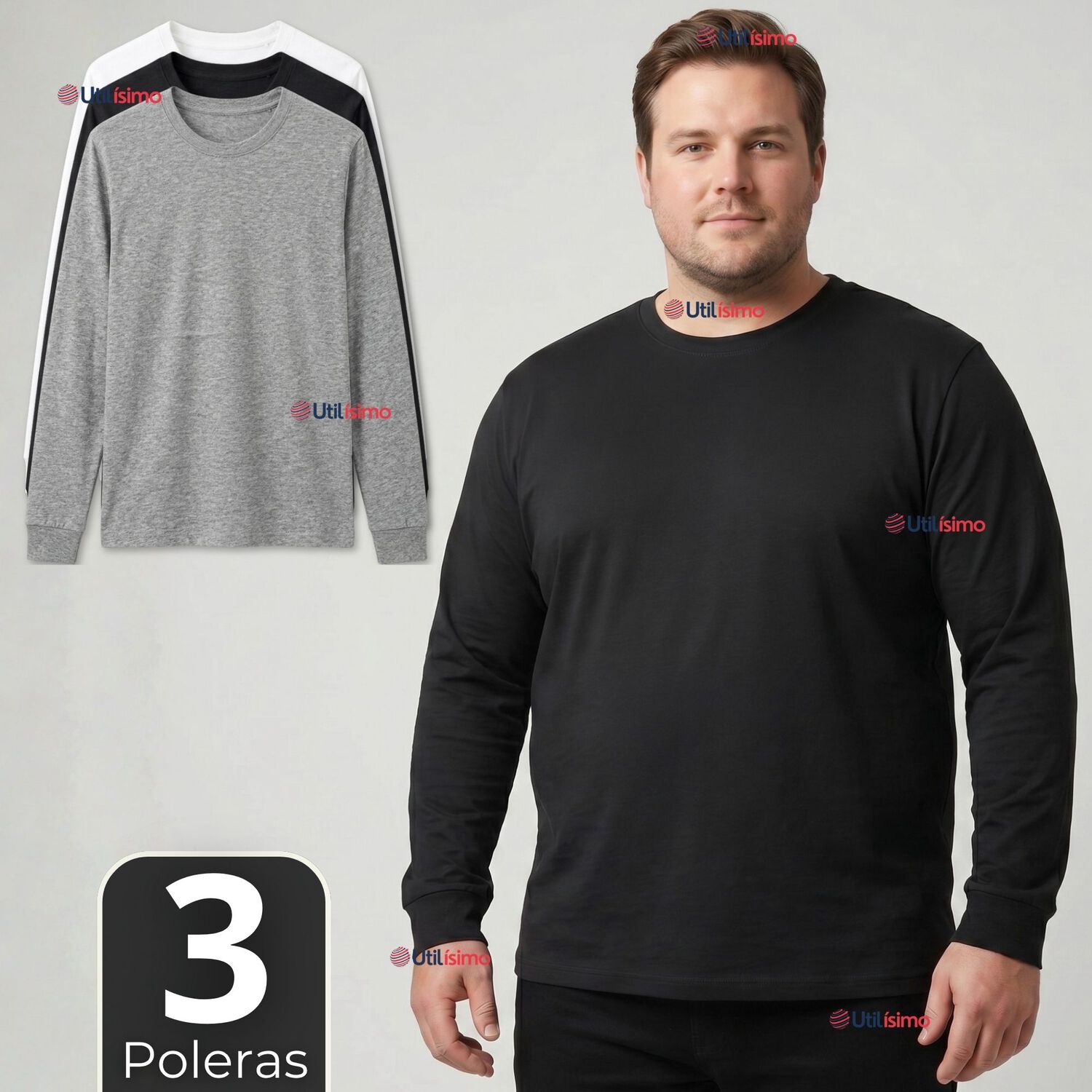 Pack 3 Camisetas Poleras Algod&oacute;n Manga Larga Cuello Redondo Primera Capa Hombre image number 0.0