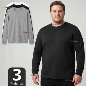 Pack 3 Camisetas Poleras Algod&oacute;n Manga Larga Cuello Redondo Primera Capa Hombre