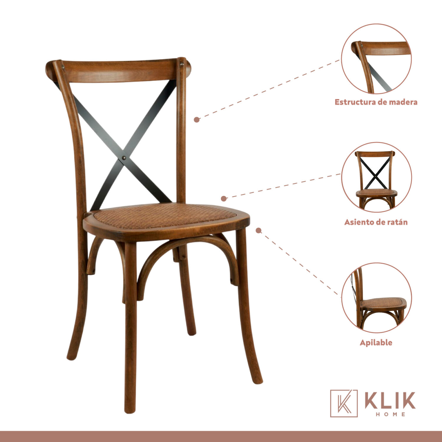 Pack De 4 Sillas Crossback Madera Rattan - Caf&eacute; Vintage image number 2.0
