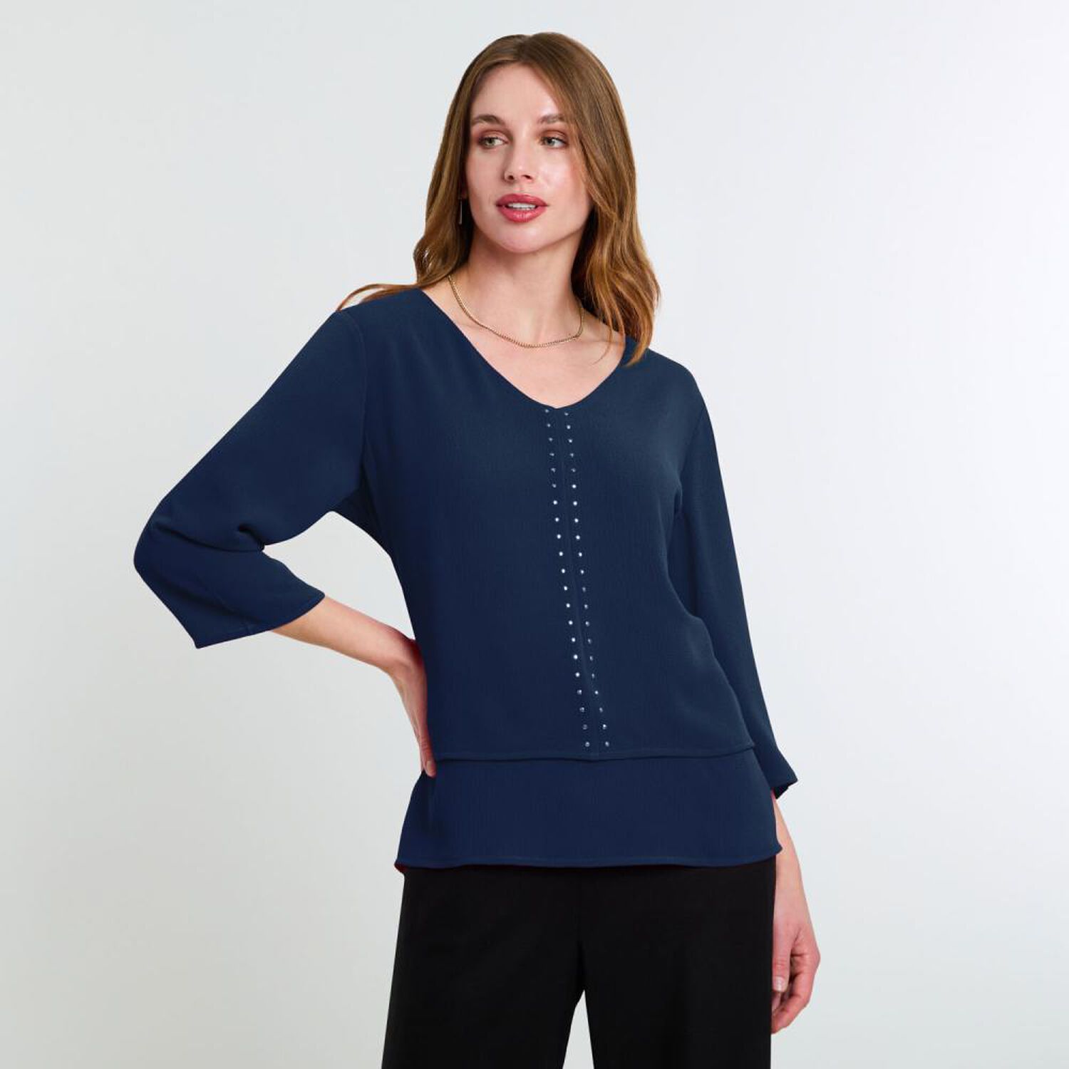 Blusa Lisa Manga 3/4 Cuello V Mujer Lesage image number 0.0