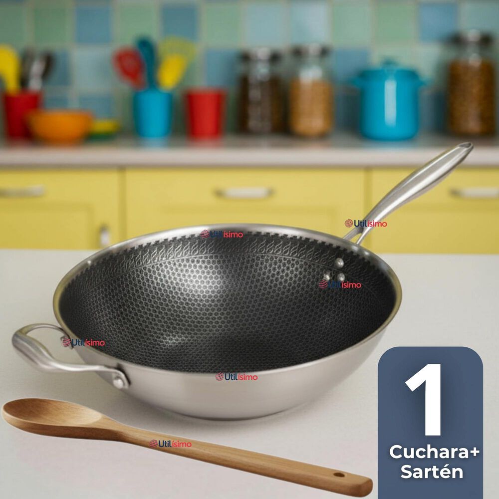 Sartén Wok Acero Inoxidable Antiadherente 34cm +cuchara De Madera Bambú image number 0.0