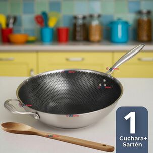 Sartén Wok Acero Inoxidable Antiadherente 34cm +cuchara De Madera Bambú