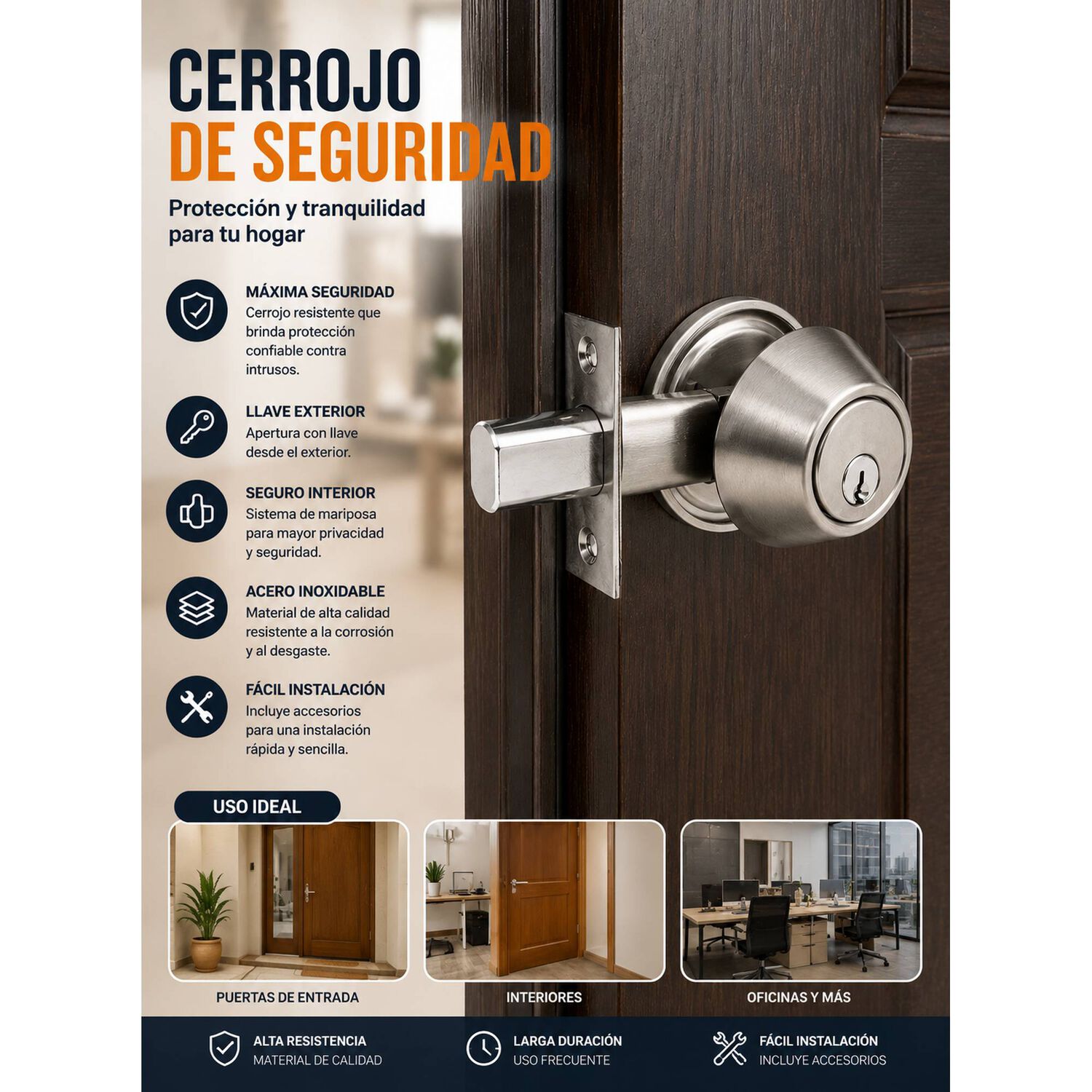 Cerradura Chapa Seguridad Cerrojo Simple Acero Inox 35-50mm image number 3.0