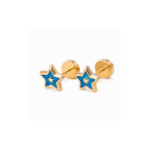 Aros Estrella Laqueada Azul 5mm Oro 14k Abridores A Presi&oacute;n Beb&eacute; Ni&ntilde;a Hipoalerg&eacute;nicos