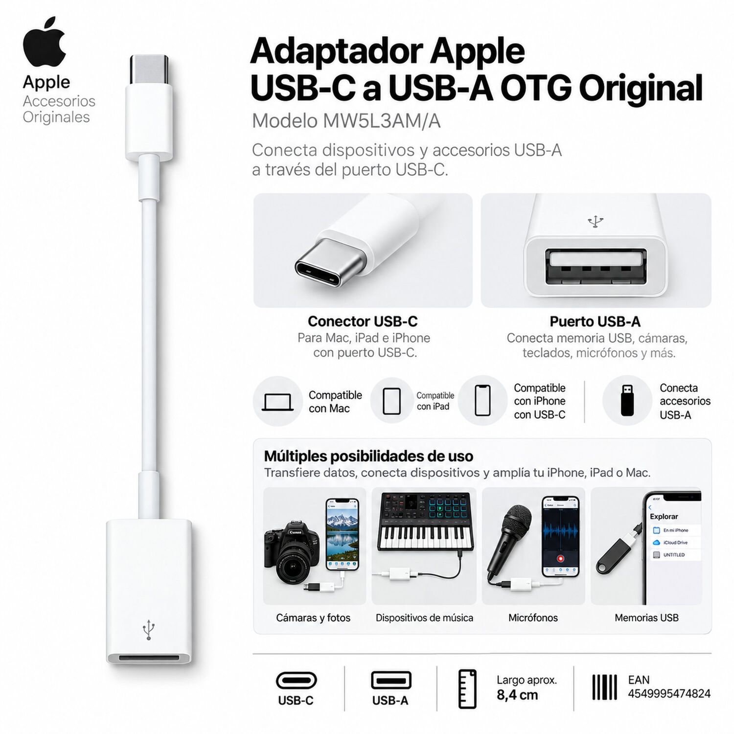 Adaptador Apple Mj1m2am Usb-c A Usb-a Blanco image number 3.0