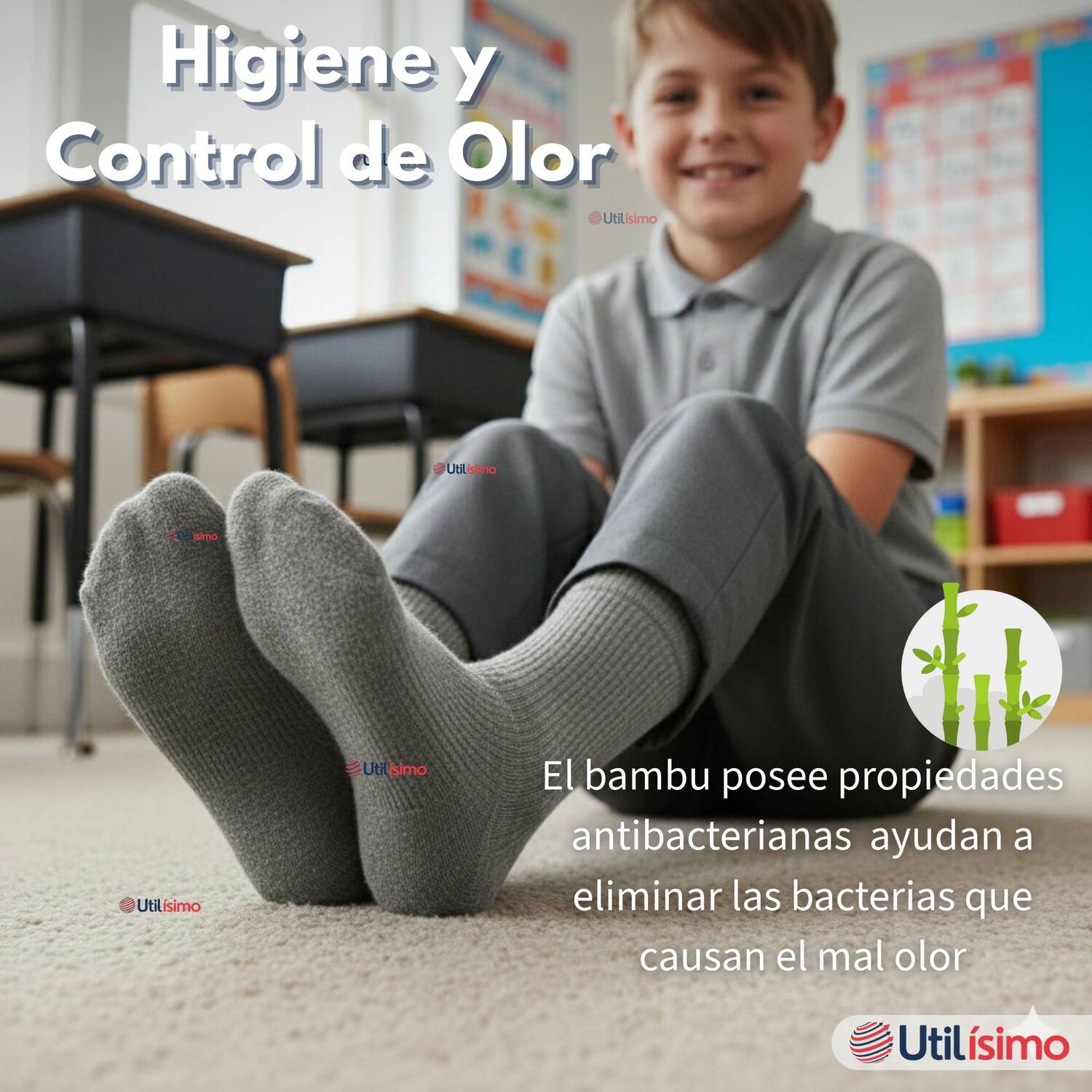 Pack 6 Calcet&iacute;nes Escolares Corto Bamb&uacute; Gris Ni&ntilde;o Juvenil image number 5.0