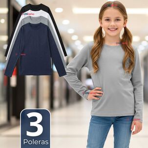 Pack 3 Poleras Camisetas Polar Primera Capa Cuello Redondo Manga Larga Colores Surtido Ni&ntilde;a