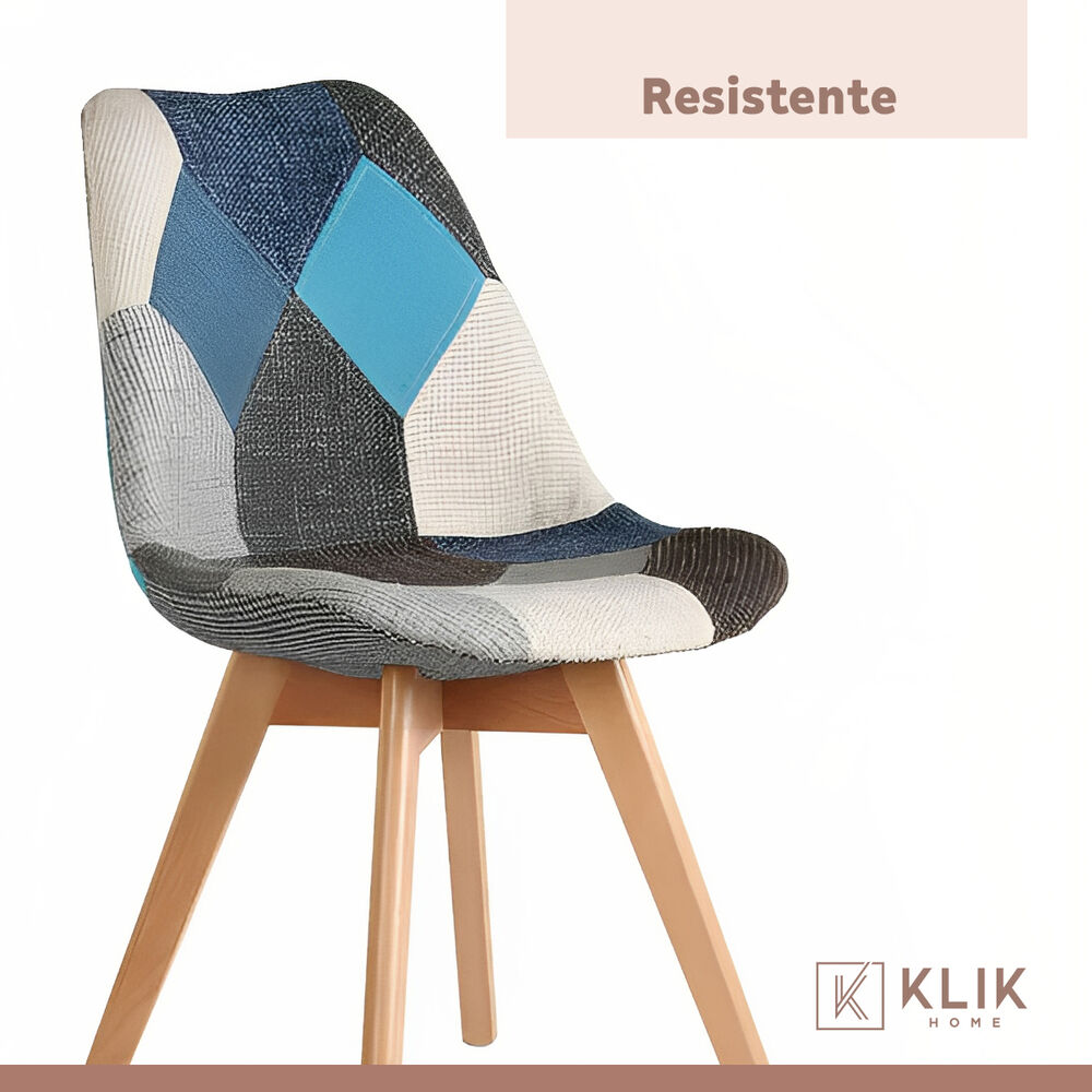 Pack De 4 Sillas Eames Patchwork Acolchada Tela Wood - Celeste image number 6.0