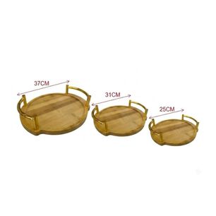 Set 3 Bandejas Redondas Bamb&uacute; Asas Doradas Decorativas