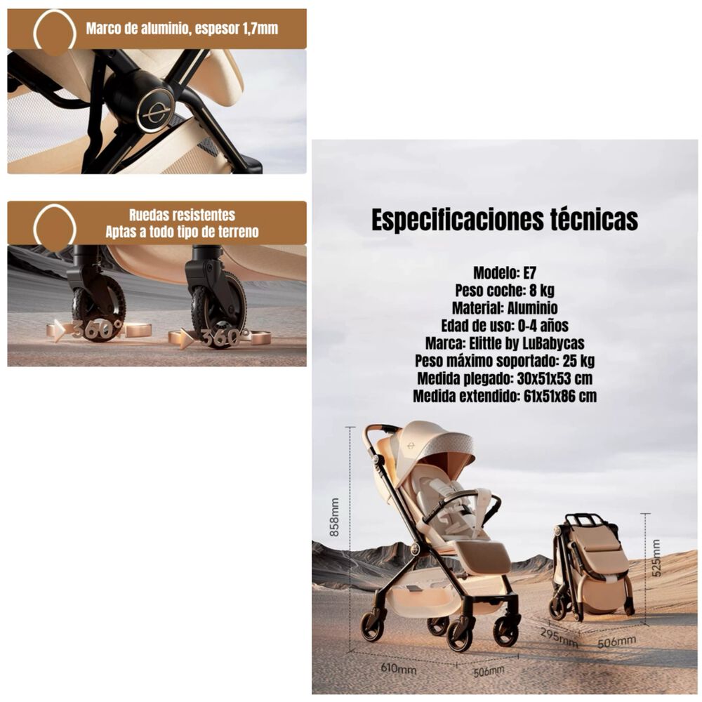 Coche De Paseo Reversible Nueva Tecnología Elittle E7 Dorado image number 7.0