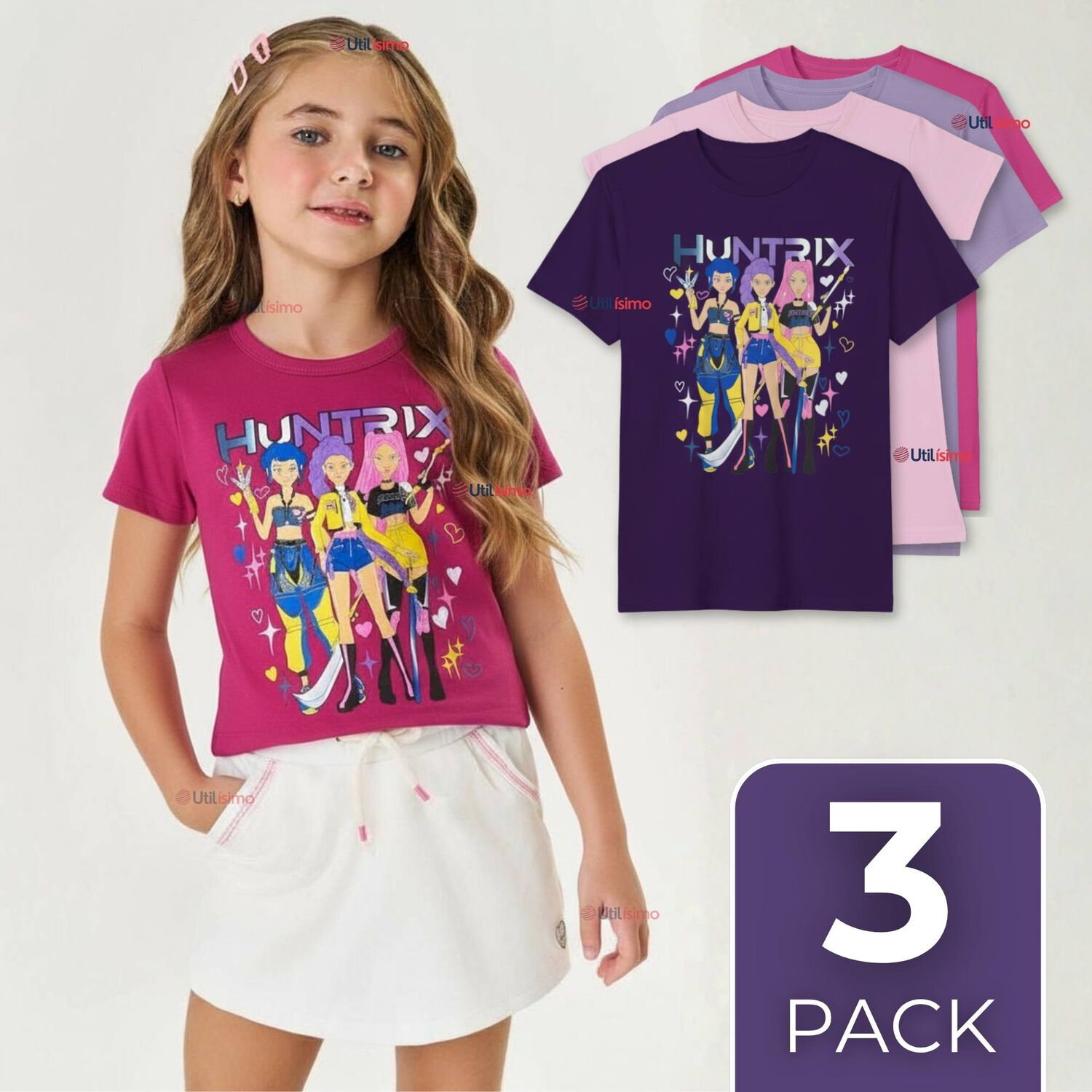 Pack 3 Poleras Huntrix 100% Algod&oacute;n Manga Corta Ni&ntilde;a Huntr/x Demon Hunters Rumi Mira Zoey image number 0.0