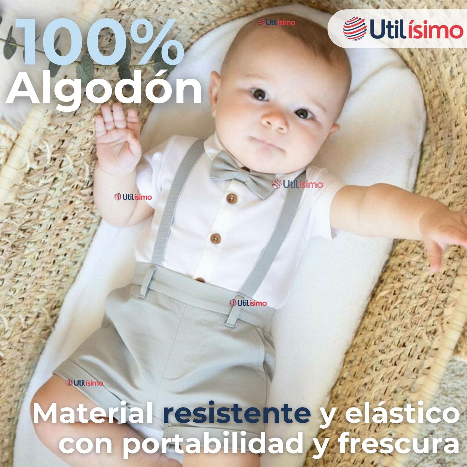 Conjunto De Vestir Con Tirantes Camisa Pantal&oacute;n Corto Algod&oacute;n Beb&eacute; Gris image number 3.0