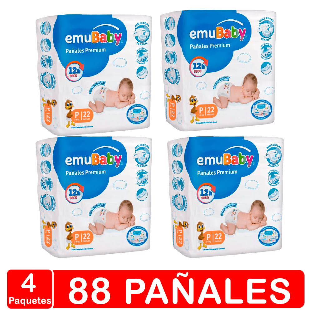 Emubaby Premium - Pack X 4 Paquetes - Talla P 88 Pañales image number 0.0