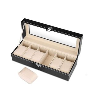 Caja Organizadora 6 Relojes Cuero Pu Negro Tapa Cristal Estuche