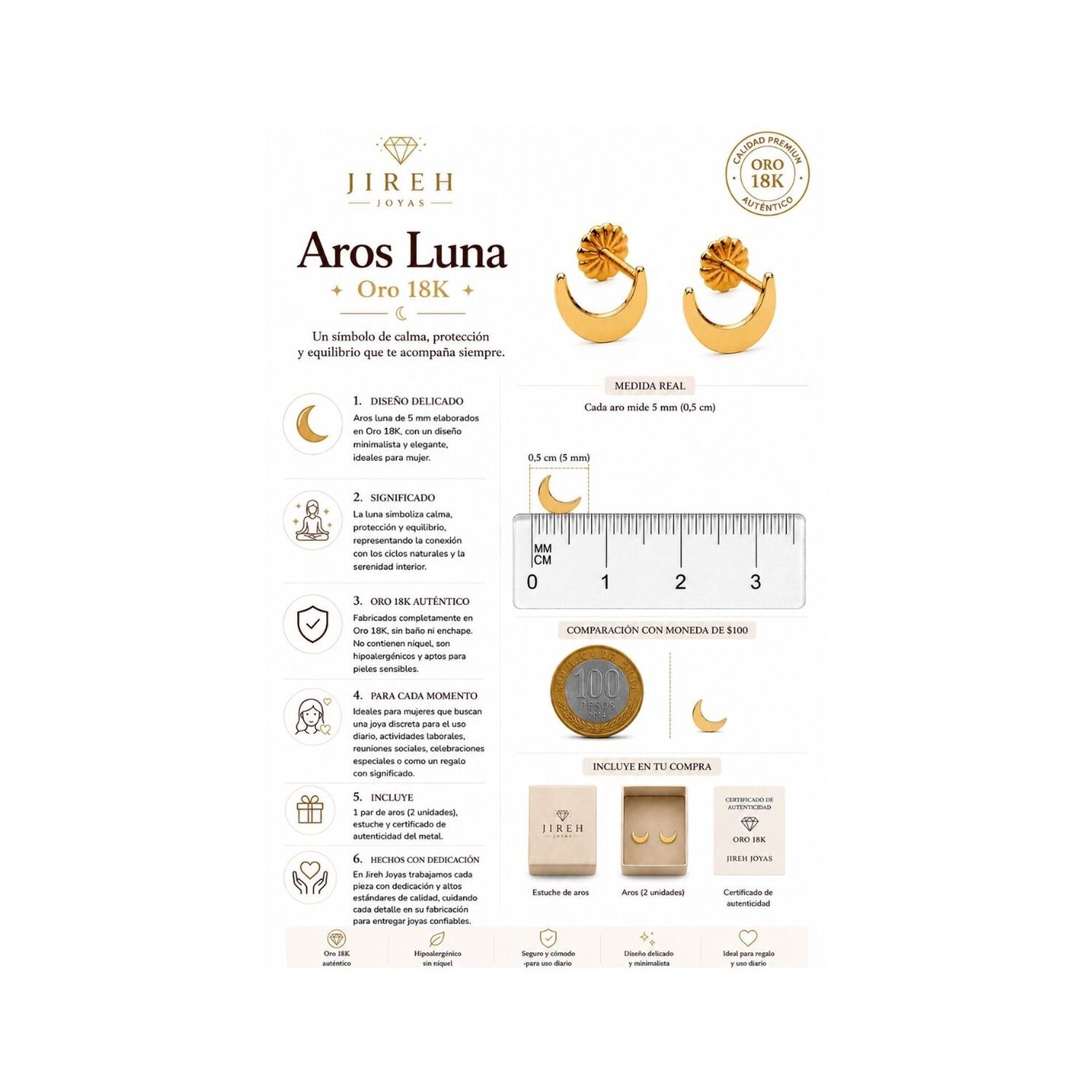Aros Luna 5mm Oro 18k Nacional 0.70 Gr Dorado Mujer Regalo image number 5.0