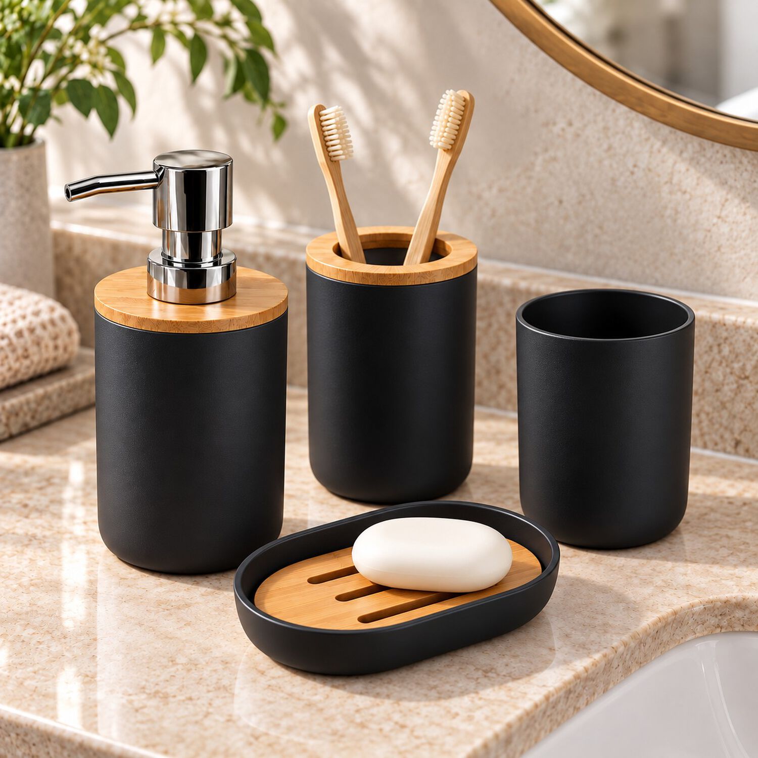 Set De Ba&ntilde;o 6 Piezas Moderno Con Bamb&uacute; Incluye Basurero Y Dispensador Color Negro image number 5.0