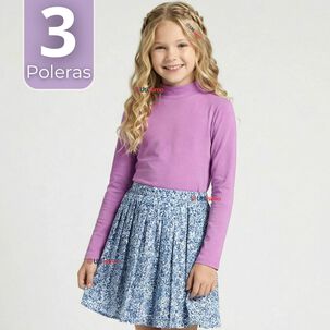 Pack 3 Poleras Camisetas Polar Lila Primera Capa Cuello Beatle Manga Larga Ni&ntilde;a