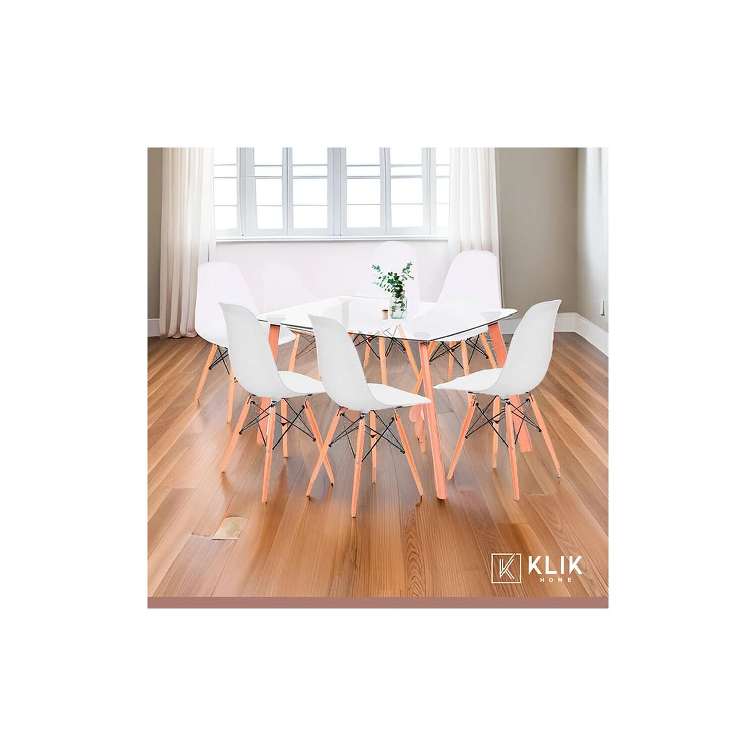 Comedor Mesa De Vidrio N&oacute;rdica 140x90 Cm + 6 Sillas Eames Blancas image number 1.0