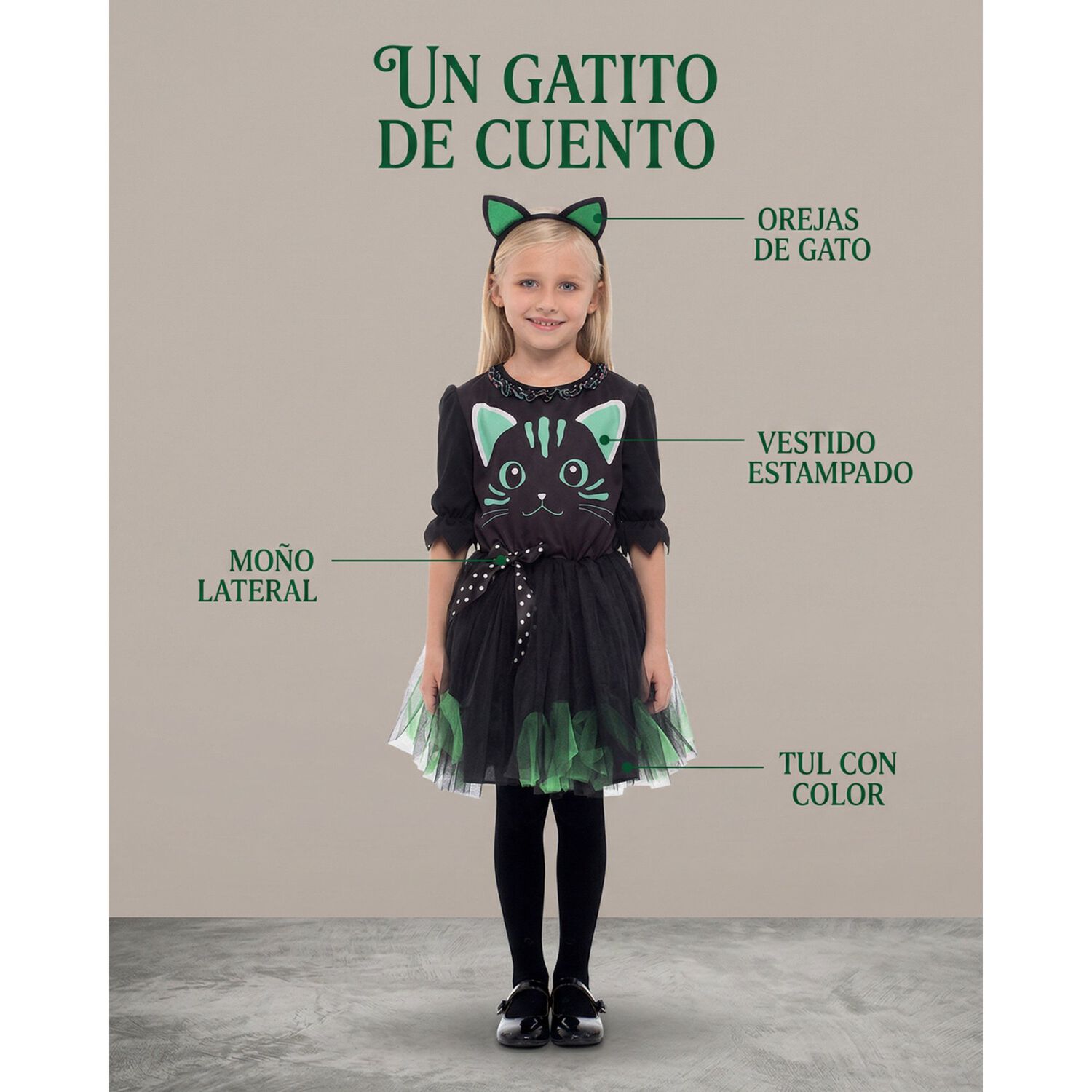 Disfraz Infantil Gato Verde Vestido Ni&ntilde;a image number 8.0