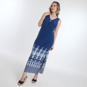 Vestido Largo Estampado Sin Mangas Y Con Aplicación En Escote Mujer Geeps