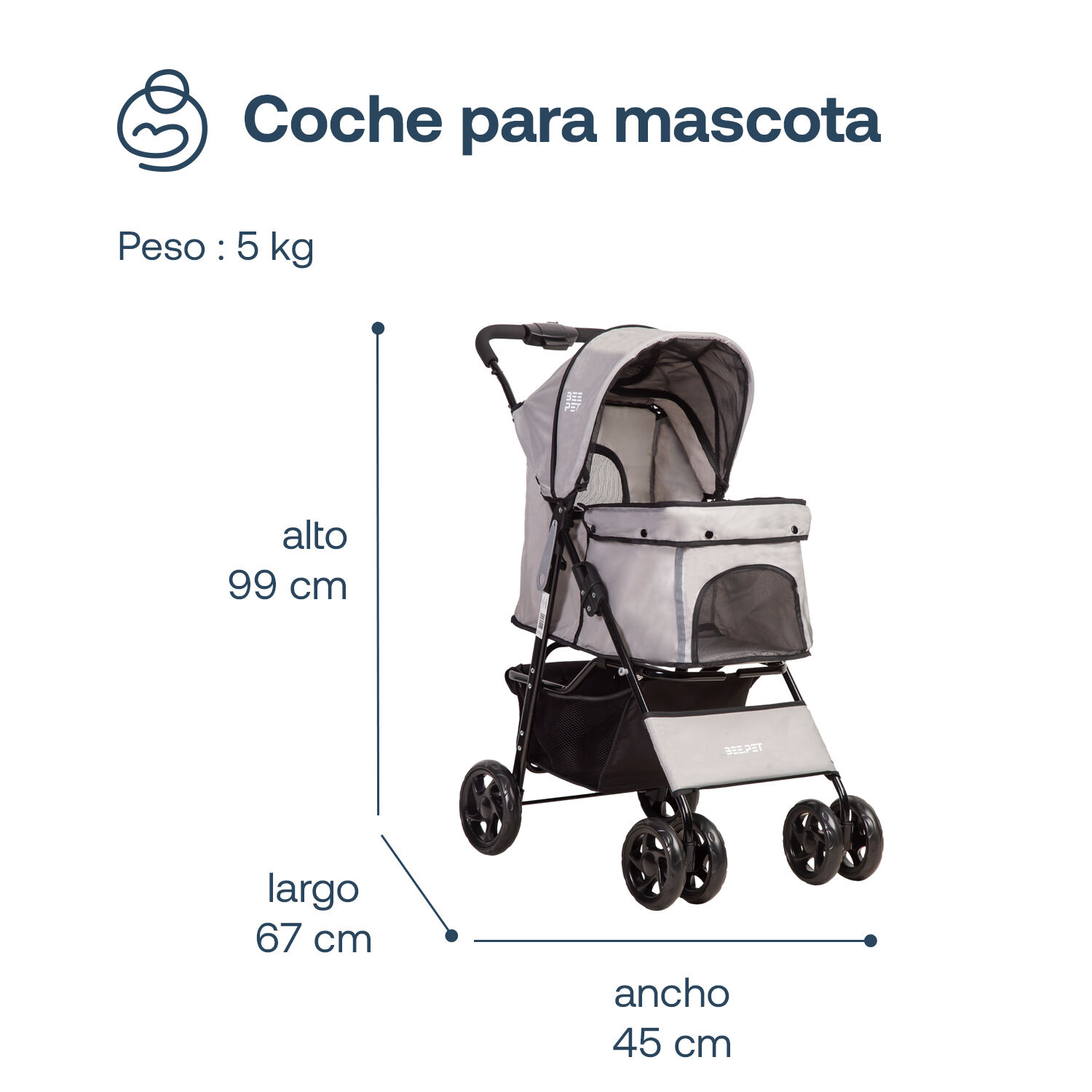 Coche Mascota Plegable Pro Perro Gato Gris Beepet Bebesit image number 5.0