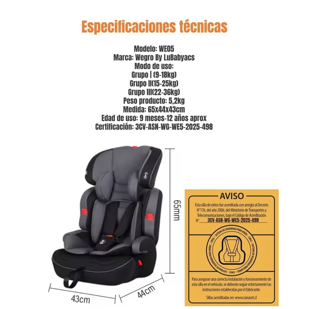 Silla De Auto Butaca 9-36kg 12 A&ntilde;os Gris We05 Lubabycas image number 6.0