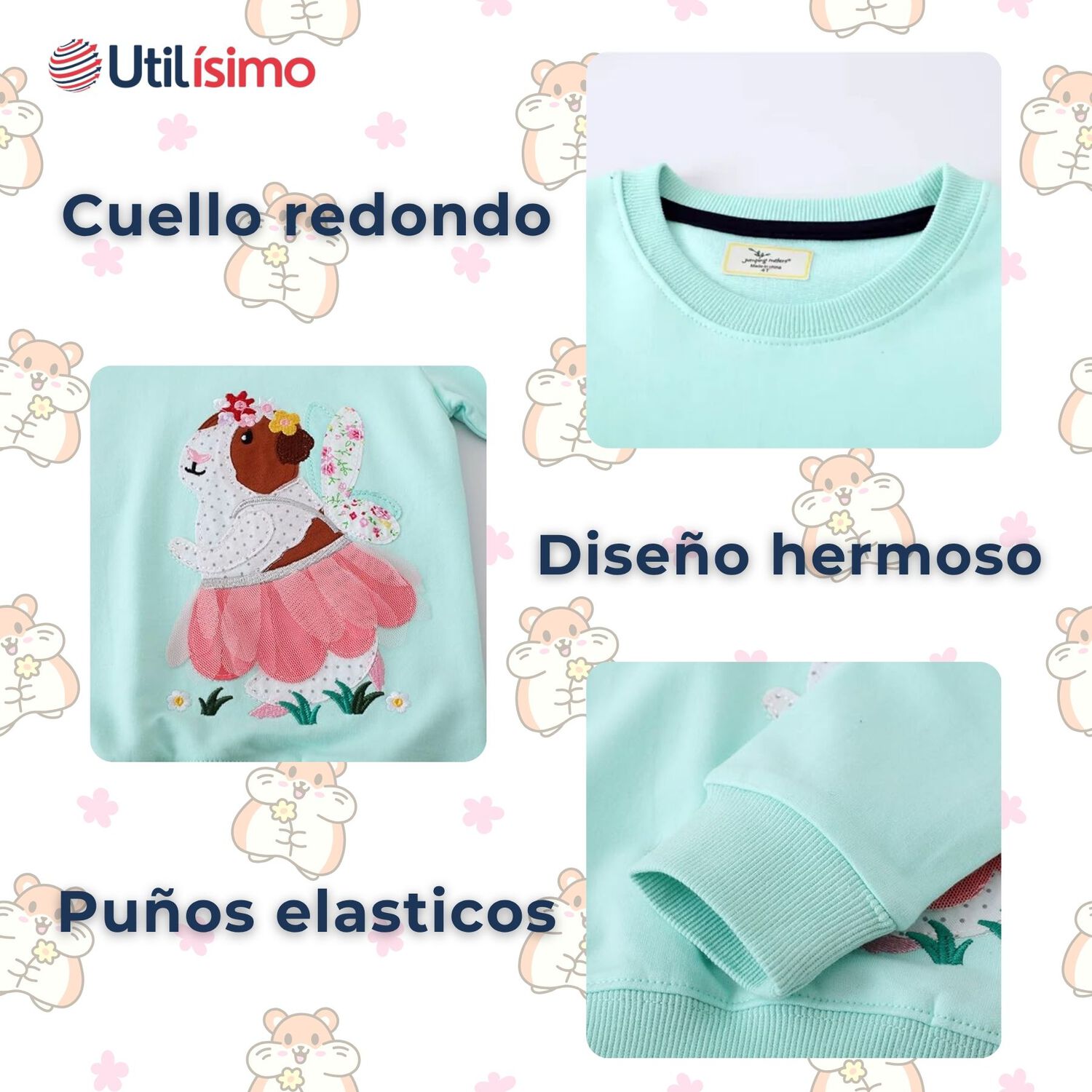 Poler&oacute;n Ni&ntilde;a Manga Larga 100% Algod&oacute;n Turquesa Hamster image number 3.0