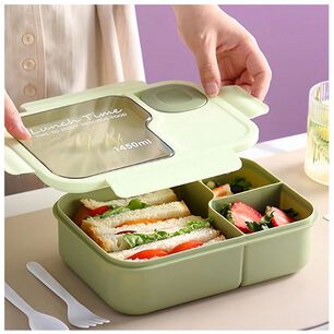 Fiambrera Bento Contenedor De 1450 Ml + Cubiertos T&aacute;per Pl&aacute;stico Green