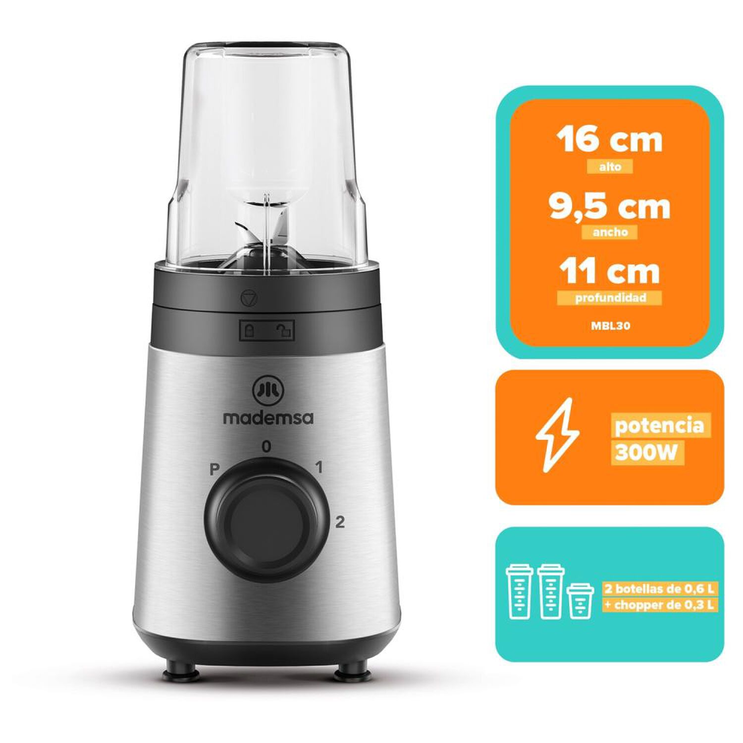 Licuadora Mademsa MBL30 / 2 Botellas 0.6 Litros + 1 Chopper 0.3 Litros / 300W image number 7.0