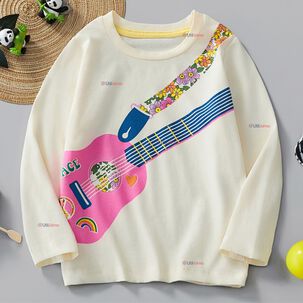 Polera Manga Larga Ni&ntilde;a 100% Algod&oacute;n Guitarra Blanco Camiseta