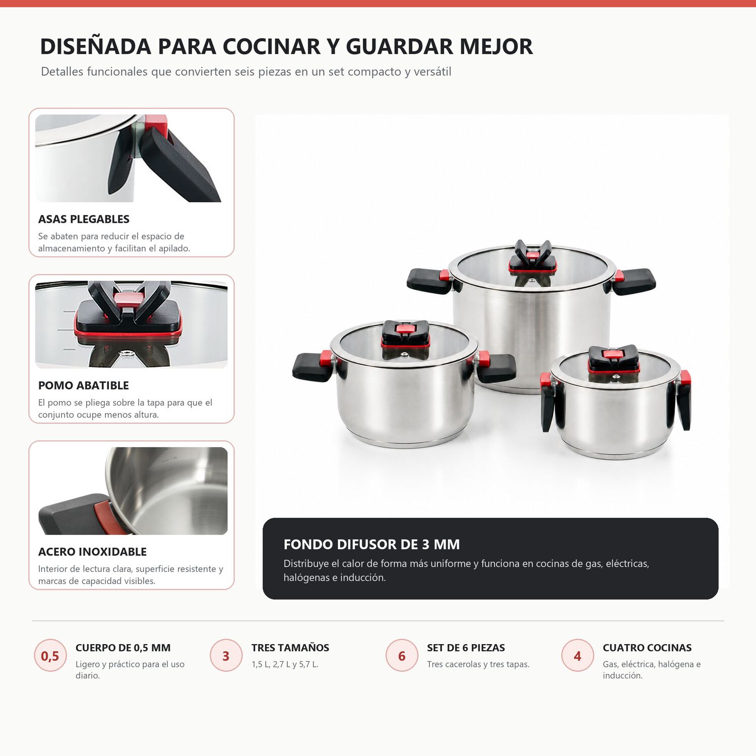 Bater&iacute;a De Cocina 6 Piezas Acero Inox Con Asas Retr&aacute;ctiles Y Apta Para Inducci&oacute;n Modelo Spazio Marca Vitta image number 2.0