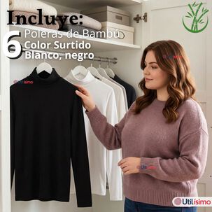 Pack 6 Camisetas Poleras Bamb&uacute; Primera Capa Cuello Beatle Manga Larga Blanco Negro Mujer