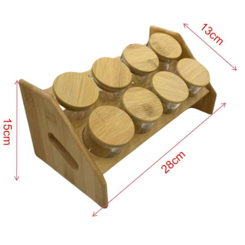 Set 8 Frascos Para Condimentos Vidrio Tapa Bambu Con Soporte image number 2.0