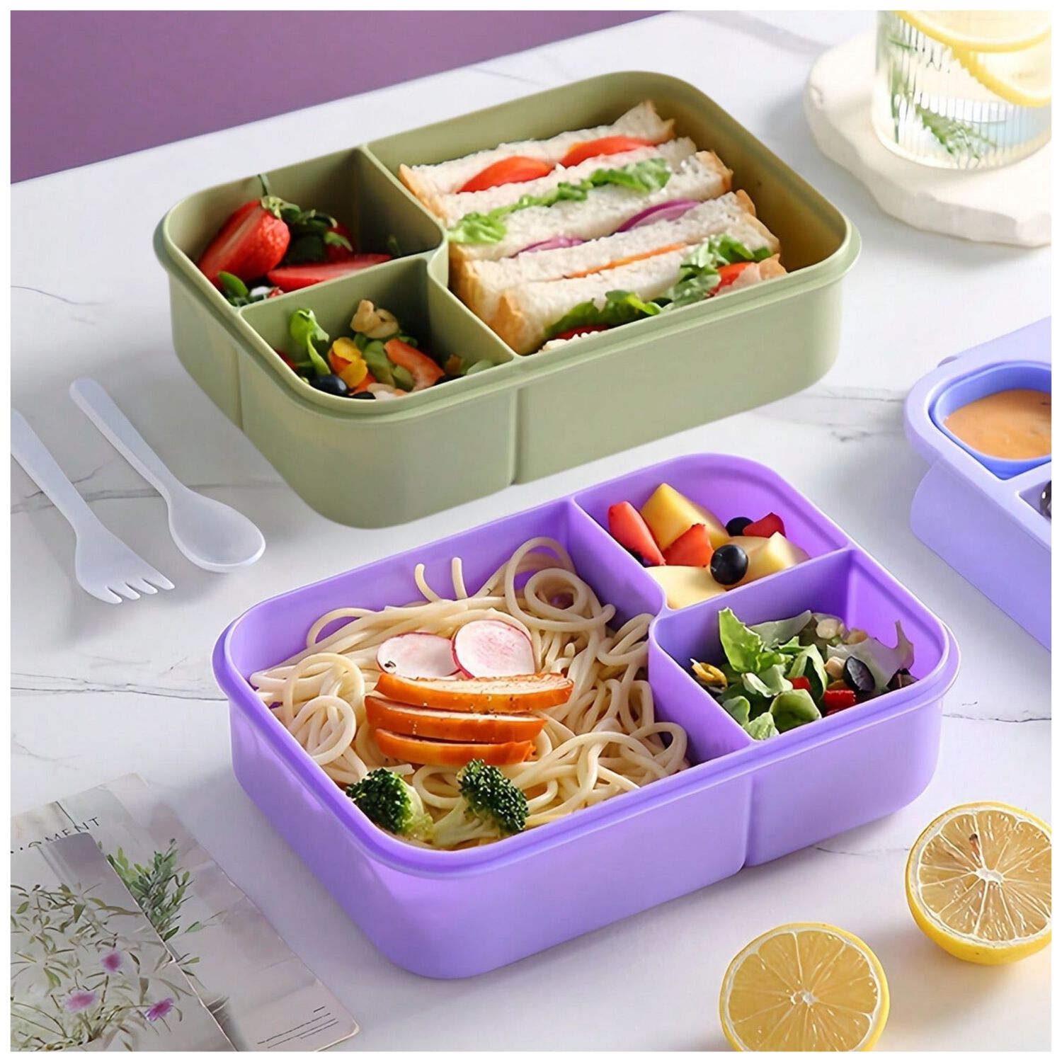 Fiambrera Bento Contenedor De 1450 Ml + Cubiertos T&aacute;per Pl&aacute;stico Green image number 4.0