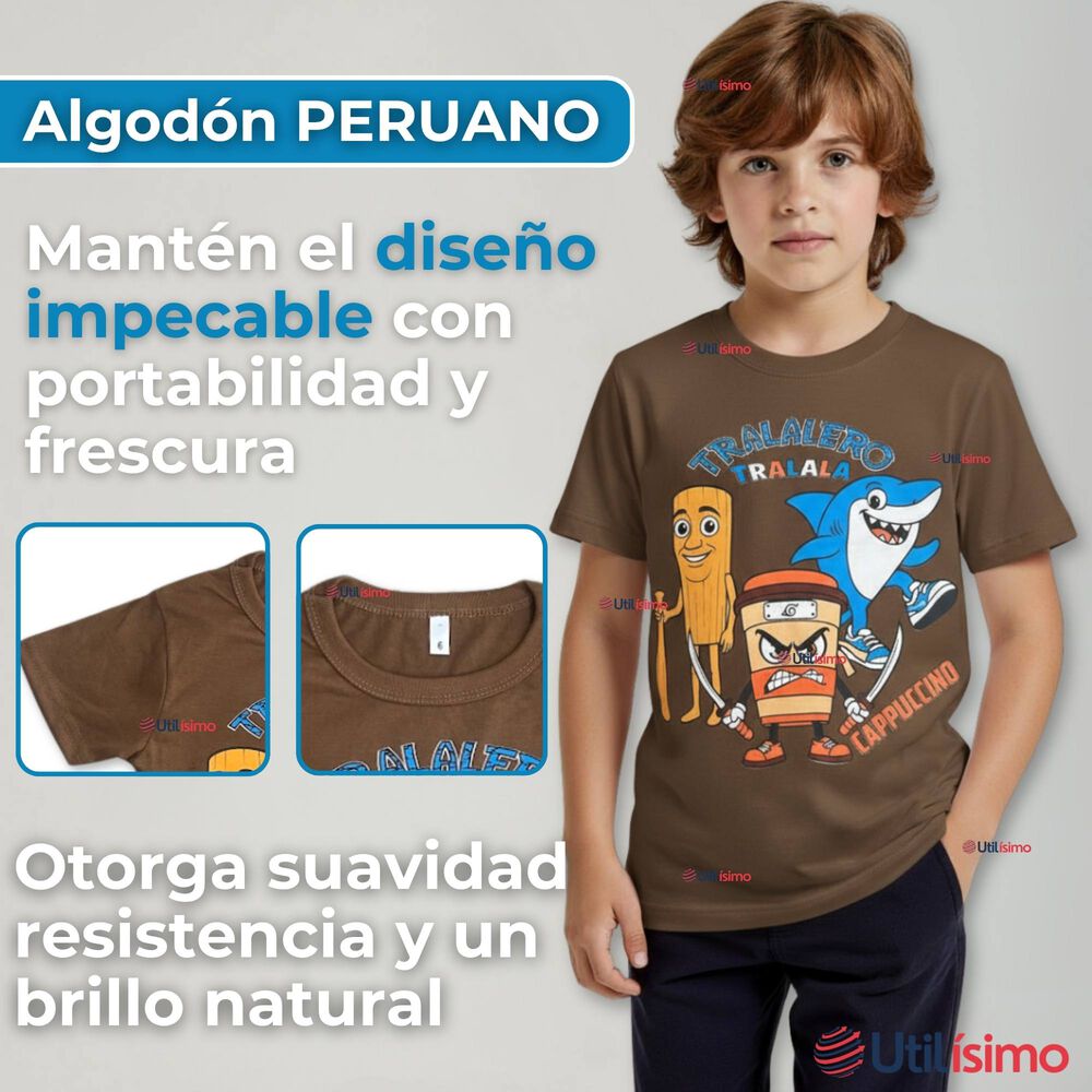 Polera Brainrots 100% Algodón Manga Corta Niño Tralalero Marrón image number 1.0