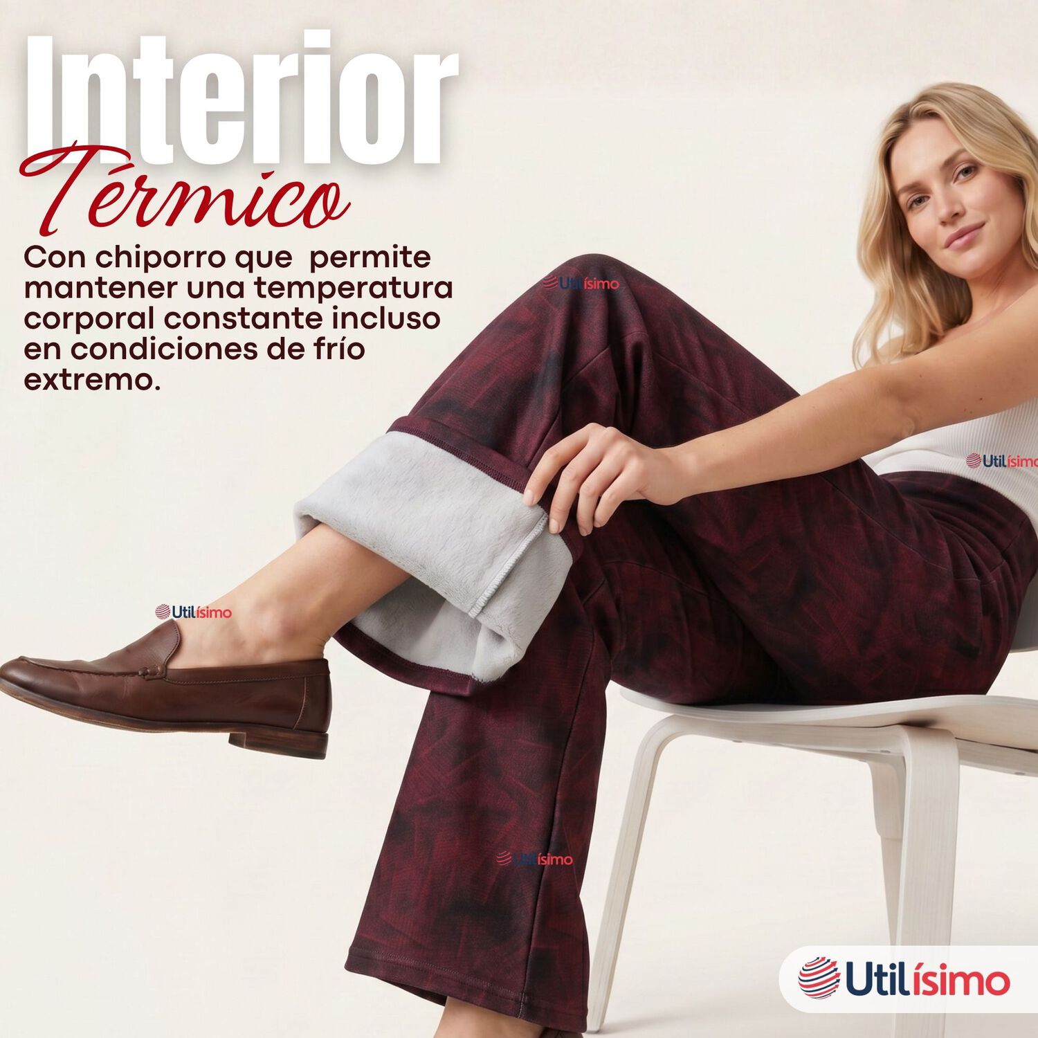 Pantal&oacute;n Polar Con Chiporro Palazzo Mujer Calza Elasticada T&eacute;rmica Burdeo image number 4.0