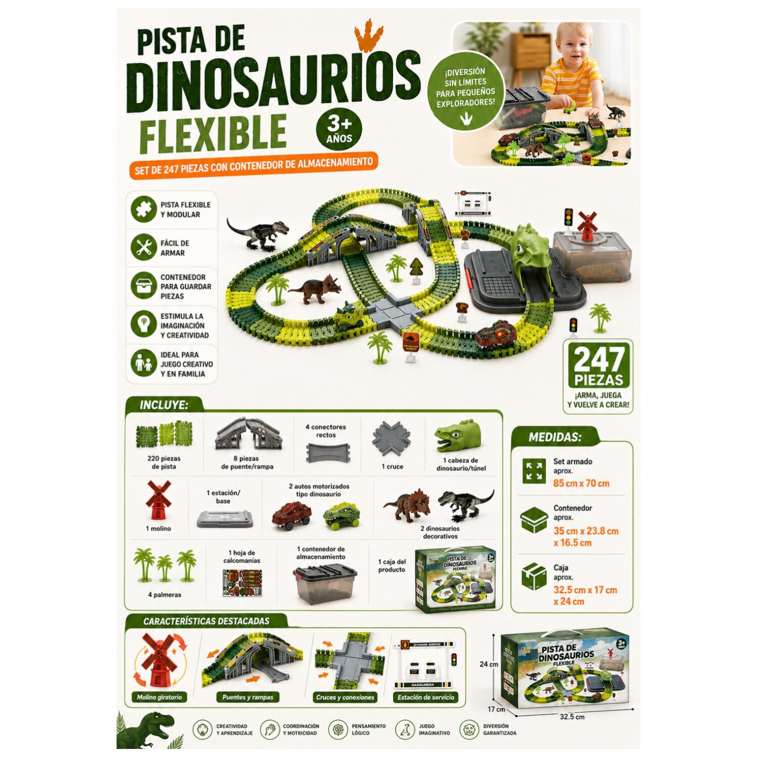 Juguete Pista De Dinosaurios Flexible 247pzas Verde Infantil image number 3.0