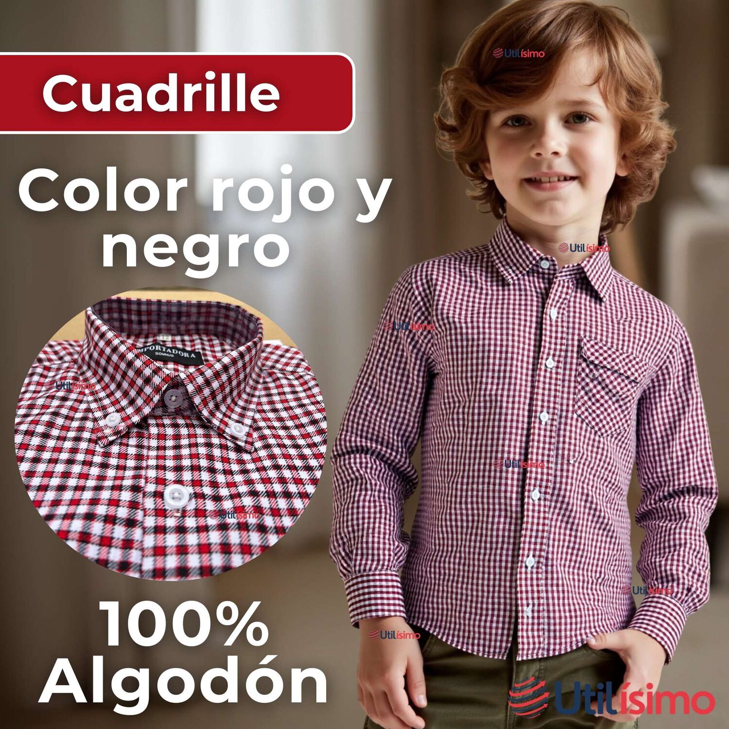 Camisa Huaso Cuadrill&eacute; Cuadro Manga Larga 100% Algod&oacute;n Rojo Negro Casual image number 1.0
