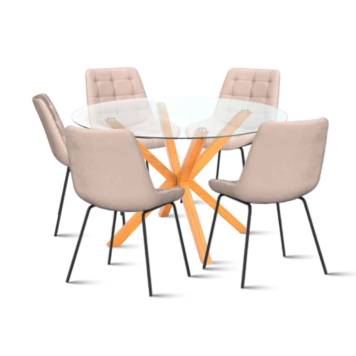 Mesa De Comedor Redonda De Vidrio Cross 120cm + 5 Silla Macron Terciopelo - Beige image number 0.0